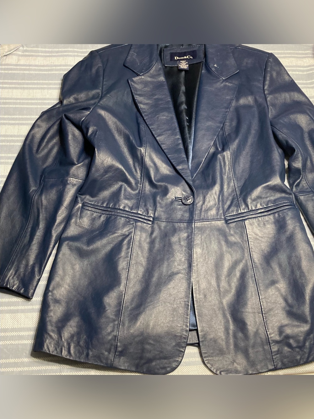 Denim&Co navy leather coat.